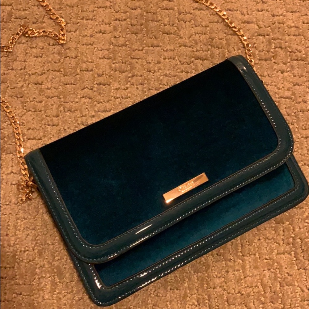 Velvet blue clutch with removable chain strap